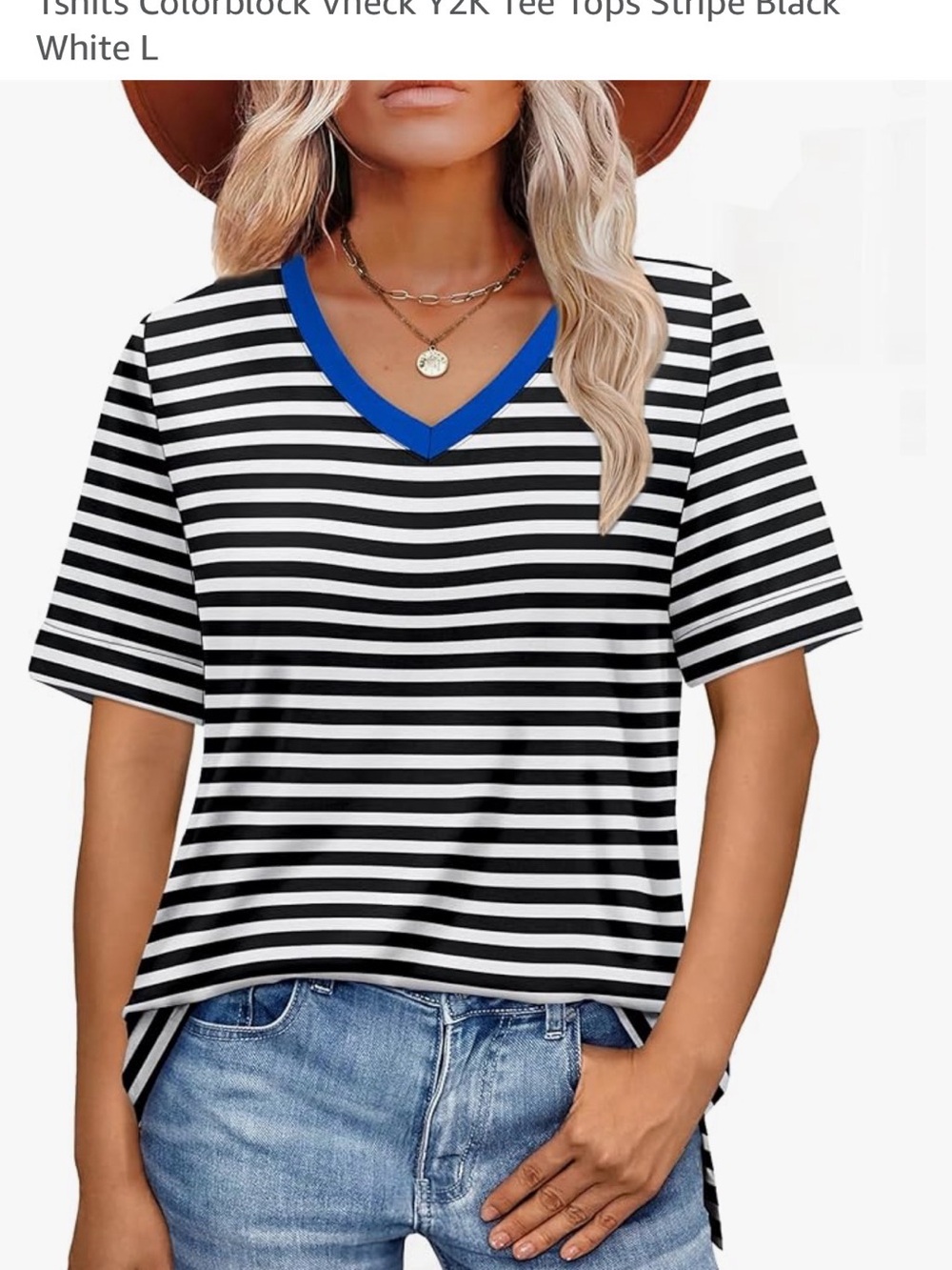 Black & White Striped V-Neck Short Sleeve Top with Blue Trim